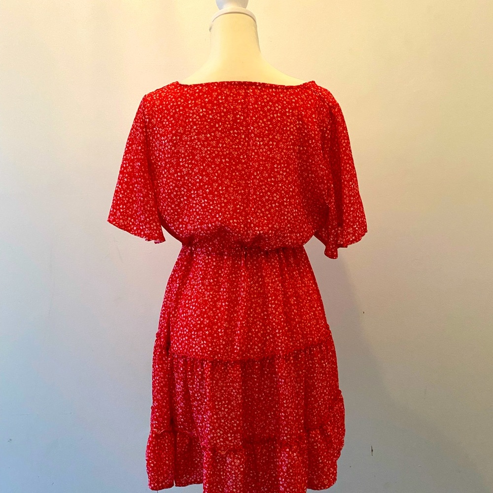 Red, Floral Print, Ruffle, Mini Dress Size Small